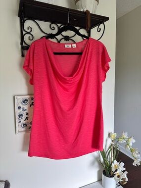 Cato Fuchsia Pink Drape Cowl Neck Short Sleeve Blouse Heathered Lightweight